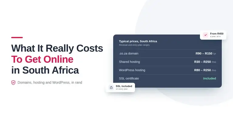 Cost to get online in South Africa: typical prices showing a .co.za domain at R90 to R150 a year, shared hosting R30 to R250 a month, WordPress hosting R80 to R250 a month, and SSL included on every plan.