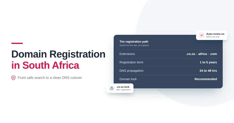 Domain registration in South Africa guide showing extensions, term, DNS propagation and domain lock at a glance